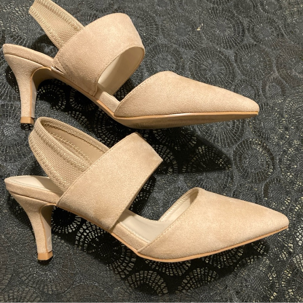 Beige Low Heel Pointy Toe Sling Back Pumps Shoes Sz 6 1/2